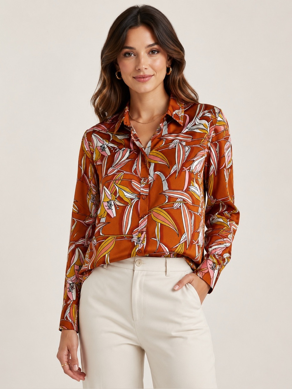 New The Shirt by Rochelle Behrens Burnt Orange Floral Sz S